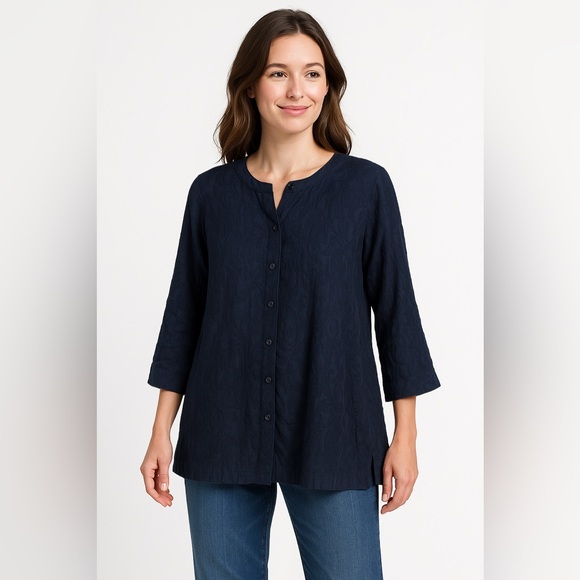 209 wst38 100% Linen Navy Blue Button Up Semi Sheer Tunic Top Sz 8 NWT - Picture 1 of 11